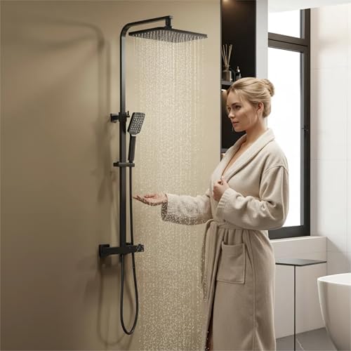 YOOZENA Black Thermostatic Shower Column, Bath Showers Column Height Adjustable with Tap, Shower Head with Hose, Square Rain Effect 29 x 19 cm