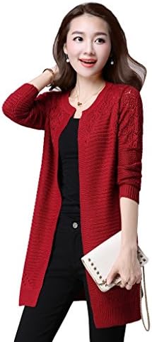 KUBITU Womens Boyfriend Stripe Open Front Hollow Out Lightweight Long Cardigan Medium Burgundy
