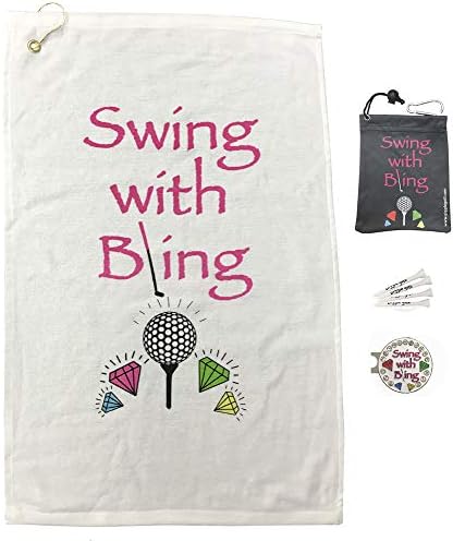 Giggle Golf Par 3 – Golf Towel, Tee Bag with 4 Tees, and Bling Ball Marker with Hat Clip – Perfect Golf Gift for Women