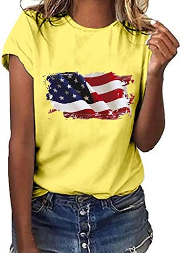 Independence Day US Flag T Shirts Womens Loose Short Sleeve Tees Plus Size Summer Blouse Tops Pocciol
