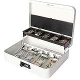 Jssmst Locking Large Metal Cash Box with Money Tray, Money Box with Combination Lock, White, SM-CB0511L