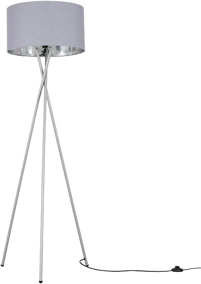 Modern Grey Metal Tripod Floor Lamp with a Grey & Chrome Cylinder Shade