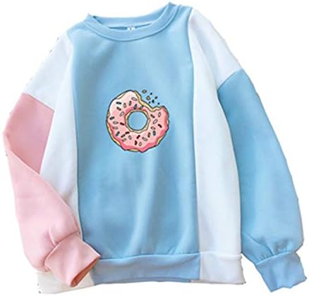 Women Sweatshirt Harajuku Donuts Printing Cute Hoodies Patchwork Pastel Contrast Color O-Neck Winter Autumn Clothing Top
