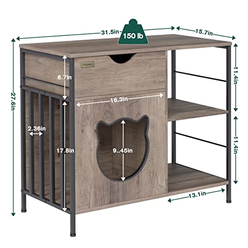Cat Furniture Cabinet Enclosure,Cat House for Indoor Cats Side Table,Wooden Cat Cabinet with Drawer, Cat Home End Table with Storage Shelf, Nightstand,Grey