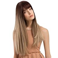 TopWigy Women Brunette Wig Long Straight Synthetic Wigs with Bangs Ombre Brown Natural Look Realistic Wig 24 Inches