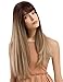 TopWigy Women Brunette Wig Long Straight Synthetic Blonde Wigs with Bangs Ombre Brown to Blonde Natural Look Realistic Dark Roots Wig 24 Inches for Halloween Party Daily Use