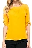 KLKD Women's Basic Chiffon 3/4 Sleeve Roll Up Blouse