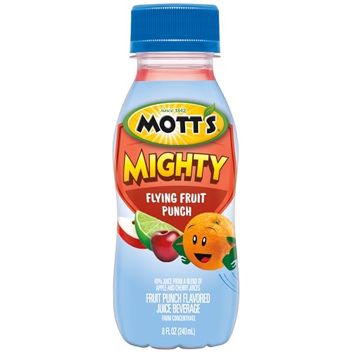 MOTT’S MIGHTY FLYING FRUIT PUNCH JUICE DRINK, 8 FL OZ BOTTLES, 24 COUNT (4 PACKS OF 6), 100% FRUIT JUICE WITH PURIFIED WATER, VITAMINS A, C AND E, NO ARTIFICIAL FLAVORS, COLORS OR SWEETENERS