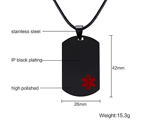 MPRAINBOW Men's Stainless Steel Medical Alert Epilepsy Dog Tag Pendant Necklace Black