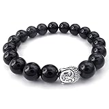 KONOV Black Agate Mens Womens Bracelet, Energy Bead, Buddha Mala, Black Silver