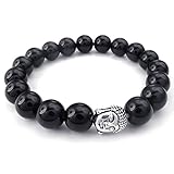 KONOV Black Agate Mens Womens Bracelet, 10mm Energy Bead, Buddha Mala, Black Silver