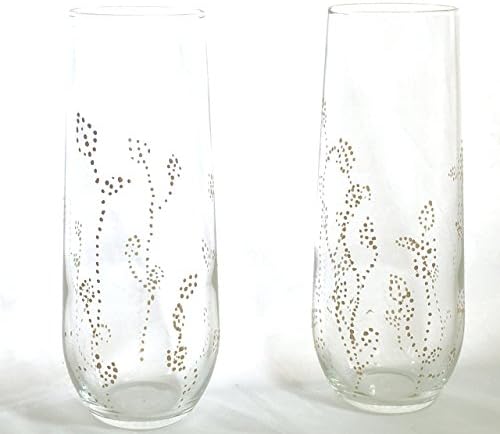 Hand Painted Pair Stemless Champagne Glasses With Liquid Gold Leaf Gilding Pointillism Design