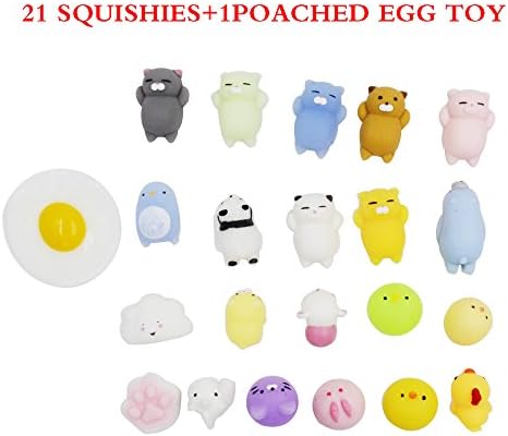 Mochi Ball Kawaii Squishies Toys -Moreoasis B07CHFQ1F3 (2018 New Design) Stress Relief Anxiety Squishies, Squishy Package, Best Gift for Kids, including 21Mini Squishies Cute Animal Toys+1 Poached Egg