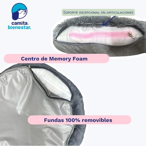 Camita Bienestar | Cama Antiestrés para Perros 4 en 1, Funda Lavable y Removible, Memory Foam Ortopédico, Felpa Ultrasuave con Base Anti Derrapante, 110cm-Gris