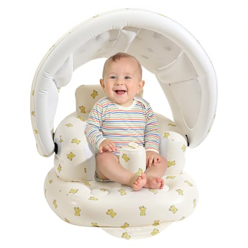 Zooawa Inflatable Baby Seat with Detachable Canopy, Baby Chair Sit Me Up for 6-30 Months, Built-in Air Pump Blow Up Floor Seat for Kids, Inflatable Infant Chair for Beach, Garden