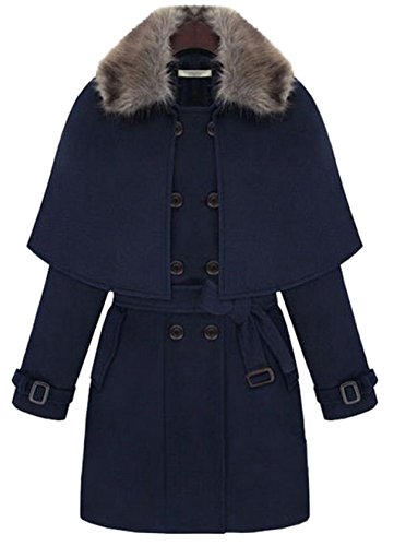 Lingswallow Women's Blue Winter Batwing Faux Fur Collar Wool Poncho Coat Jacket Lingswallow Women's Blue Winter Batwing Faux Fur Collar Wool Poncho Coat Jacket