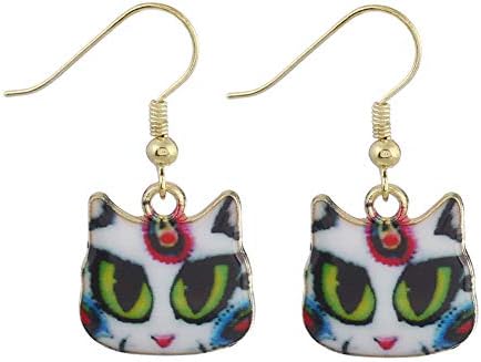 Himpokejg Women's Fashion Simple Cute Cartoon Cat Head Enamel Pendant Dangle Hook Earrings Jewelry-
