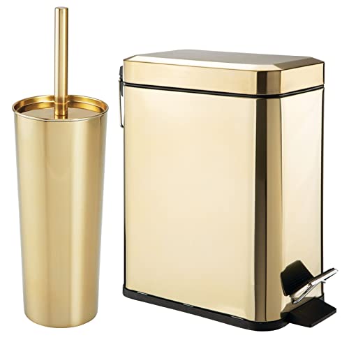 View 1 of (lightly dented) Metal Freestanding Slim Toilet Bowl Brush and Holder + Rectangle Narrow 5 Liter / 1.3 Gallon Step Pedal Trash Can Wastebasket for Bathroom - Small, Compact Design - Set of 2 - Soft Brass