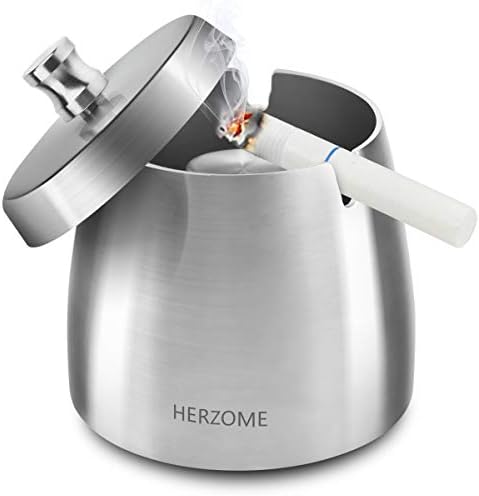 HERZOME Outdoor Ashtray with Lid, Tabletop Stainless Steel Ashtray for Indoor, Ash Holder for Smokers, Desktop Ash Tray for Home Office Patio