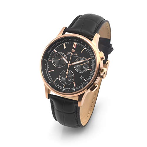 LOUIS-XVI-Herren-Armbanduhr-Monseigneur-Rosegold-Schwarz-Chronograph-Analog-Quarz-echtes-Leder-Schwarz-912