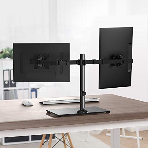 Perlegear Dual Monitor Stand, Freestanding Desk Mount with Glass Base