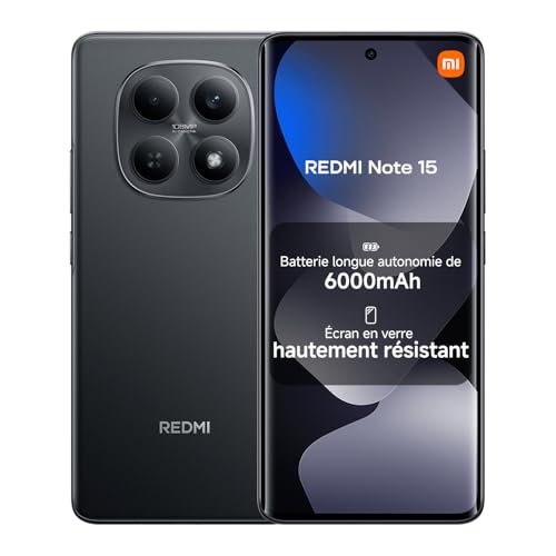 REDMI Note 15, Smartphone 8+256Go, Batterie Longue autonomie 6000mAh, Résistance à l'eau IP64, Appareil Photo Ultra-Net 108 Mpx, Écran FHD+ de 6,77", Noir, Garantie 2 Ans, Chargeur Non Inclus