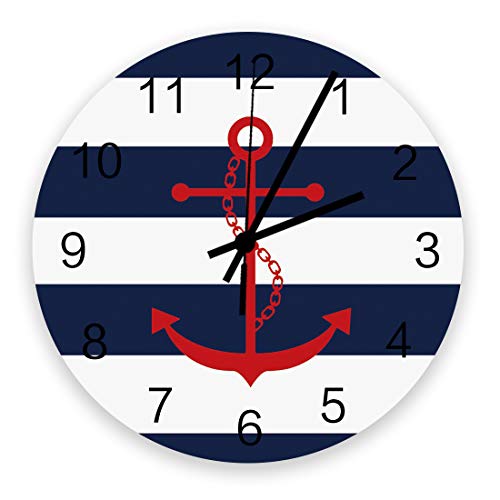 12-inch-Round-Wooden-Wall-Clock-Stylish-Silent-Non-Ticking-Battery-Operated-Clock-Nautical-Red-Anchor-Navy-Blue-and-White-Horizontal-Stripes-Wall-Decor-for-KitchenLiving-RoomBedroomOffice 410sl9jowoL