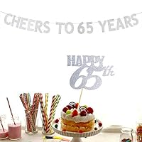 Cheers to 65 Years Banner and Happy 65th Cake Topper Silver Glitter for 65th Birthday Wedding Anniversary Party Decorations Supplies