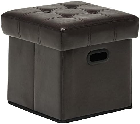 Azufi 15” Faux Leather Folding Storage Ottoman / Footstool / Bench with Dual Plastic Handles, Button-Tufted Pattern, Espresso