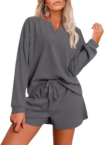 Ekouaer Womens Waffle Knit Pajama Sets Long Sleeve Matching Lounge