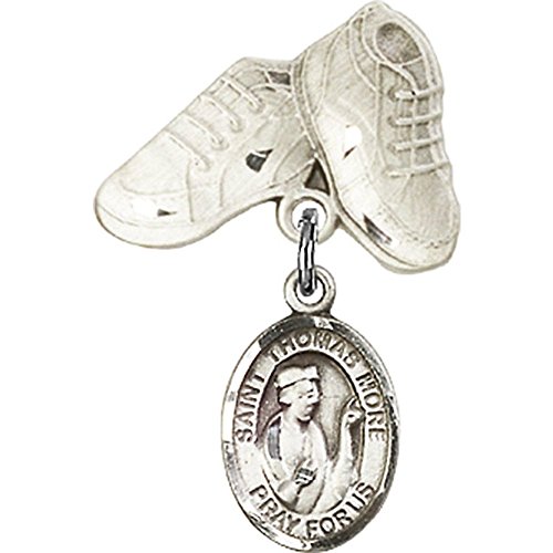 Sterling Silver Baby Badge with St. Thomas More Charm and Baby Boots Pin 1 X 5/8 inches