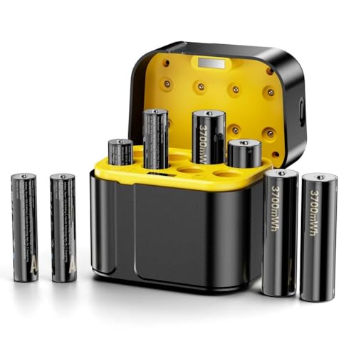 Cuorvag Rechargeable Batteries with Charger, 4 AA 3700mWh + 4 AAA 1300mWh 1.5V Lithium Battery Set, AA AAA Battery Charger, 8-Slot Type-C Charging Case, 1300+ Cycles