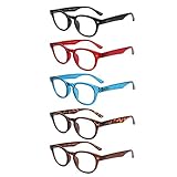 LianSan 5 Pairs Readers Spring Hinged Round Reading Glasses for Men and Women L3712 Black Red Blue Brown Demi
