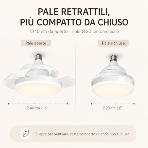 MARSI Ventilador de Techo con Luz LED 40 cm, Lámpara Ventilador E27, 3 Aspas Retráctiles PC, Motor DC, 3 Velocidades, Luz Regulable, Mando IR, para Dormitorio y Estudio