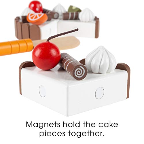 Hey!Play! Birthday Cake-Kids Wooden Magnetic Dessert with Cutting Knife, Fruit Toppings, Chocolate & Vanilla Swirls-Fun Pretend Play Party Food - Thumbnail 3