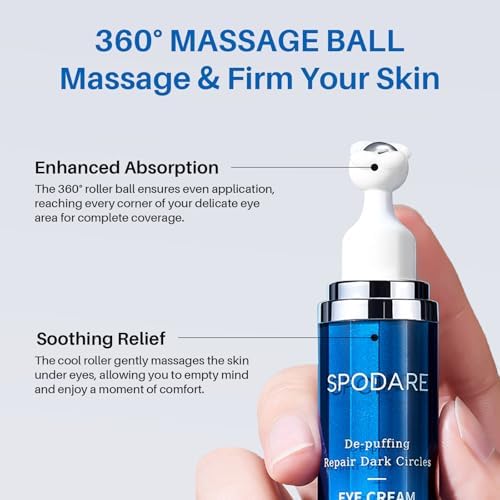 Caffeine Eye Cream, Under Eye Cream for Dark Circles, Puffiness & Puffy Bags, Wrinkles Fine Lines, Eye Roller Serum with 360° Massage Ball for Women and Men - 0.7 fl. oz