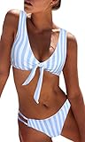 BMJL Women's Sexy Detachable Padded Cutout Push up Striped Bikini Set Bow Tie Two Piece Swimsuit(XS,Light Blue)