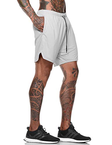 FLYFIREFLY Men's 2-in-1 Workout Running Shorts 7" Lightweight Gym Yoga Training Sport Short Pants Grey