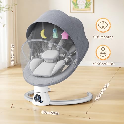 Hamaca Eléctrica para Bebé con Mando a Distancia y App,Mecedora con 5 Velocidades de Balanceo,3 Temporizadores,Arnés de 5 Puntos,2 Posiciones del Asiento,Silla Mecedora para 0-9 kg de Bebé-Gris