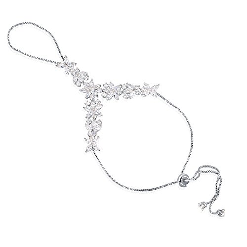 Mytys Silver Flower CZ Cubic Zirconia Hand Chain Bracelet with Ring