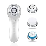 Hangsun Electric Face Brush SC200 Facial Brush Waterproof Sonic Cleansing System Portable Face Exfoliator Rechargeable Cleanser Massager Scrubber with 3 Replacement Heads for Body Skin Care (White)