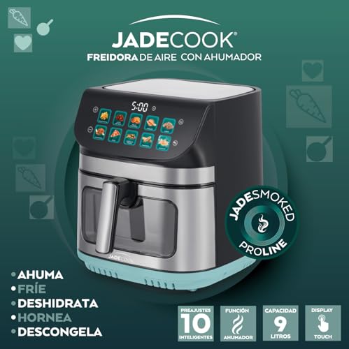 JadeCook Freidora de Aire con Ahumador de 9 Litros Pantalla Táctil Digital, 10 Programas Preestablecidos, Cesta Antiadherente con Ventana Transparente, Negro