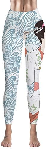 Beauty Decor Japanese Style Kimono Girl Yoga Pants Power Stretch Leggings with High Waist Tummy Control