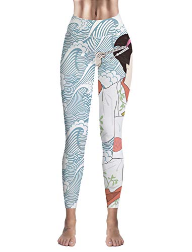 Beauty Decor Japanese Style Kimono Girl Yoga Pants Power Stretch Leggings with High Waist Tummy Control