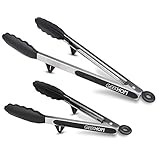 GEEKHOM Tongs, Stainless Steel Kitchen Tong With Silicone Tips And Locking Head, Heavy Duty Non-Slip Non-Stick BBQ Tongs For Cooking Grilling Barbecue Salad (9+12 Inch, Black)
