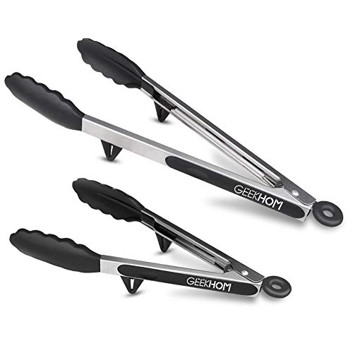 GEEKHOM Tongs, Stainless Steel Kitchen Tong With Silicone Tips And Locking Head, Heavy Duty Non-Slip Non-Stick BBQ Tongs For Cooking Grilling Barbecue Salad (9+12 Inch, Black)