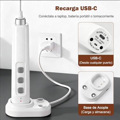 ENGREPO Espumador de Leche Eléctrico Recargable USB, Batidor de Cafe para Hacer Espuma,3 Velocidades con 3 Batidores Acero Inoxidable, Batidor Electrico de Mano Para Capuchino, Latte, Matcha (Blanco)