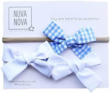 Beautiful, stylish and comfortable hair bow set of 2 Alligator Clip Hair Bows + 1 Headbands with Soft Nylon for Girls and Baby girls. (White / Blue)