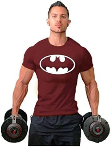 Men Short Sleeve Compression Tee Marvel DC Comics Superhero Batman Fit T-shirt Batman Wine Red L
