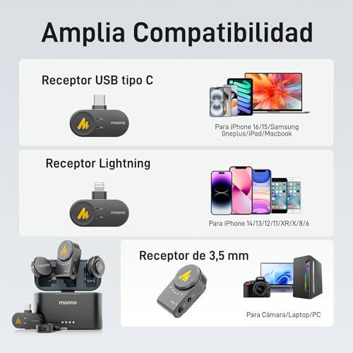 MAONO Wave T5 Combo (2TX+3RX+Estuche de Carga) Microfono Inalambrico, Micrófono De Solapa Inalámbrico para Cámara iPhone Android PC, 48 KHz 24 bits, Cancelación de Ruido, para Grabar Videos Podcast